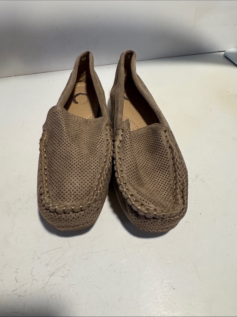 Taupe Suede Perforated Slip-On Loafers